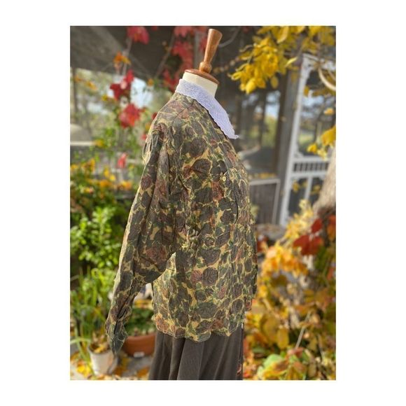 Dark Fall Floral Blouse Button Up 90s Lace Collar Sz M - Picture 3 of 11